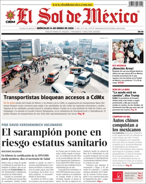 Portada de El Sol de Mexico del miércoles, 14 de enero de 2026