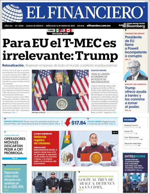Portada de El Financiero del miércoles, 14 de enero de 2026