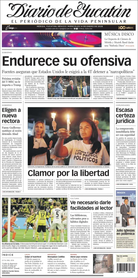 Portada de Diario de Yucatán del miércoles, 14 de enero de 2026