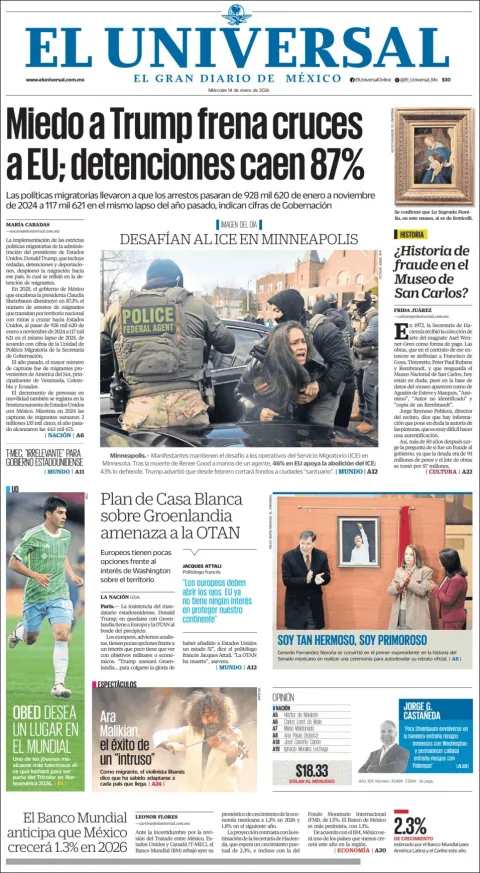 Portada de El Universal del miércoles, 14 de enero de 2026