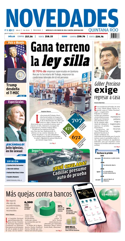 Portada de Novedades Quintana Roo del miércoles, 14 de enero de 2026