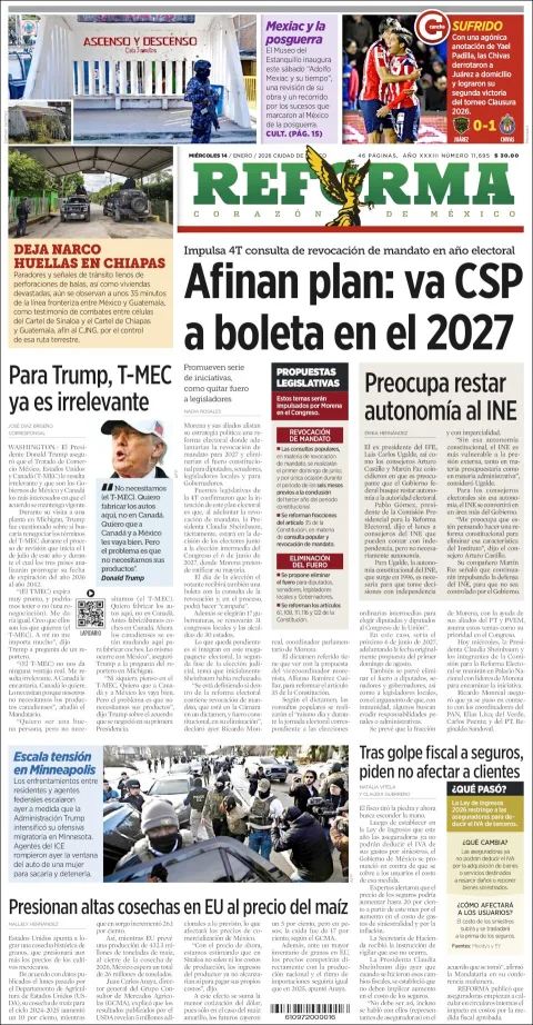 Portada de Reforma del miércoles, 14 de enero de 2026