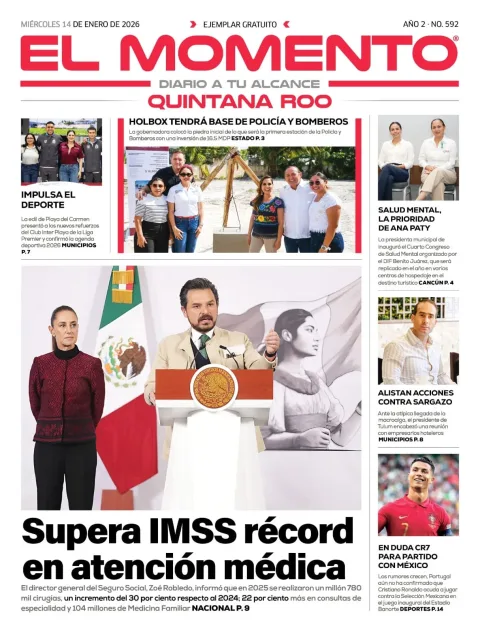 Portada de El Momento Quintana Roo del miércoles, 14 de enero de 2026