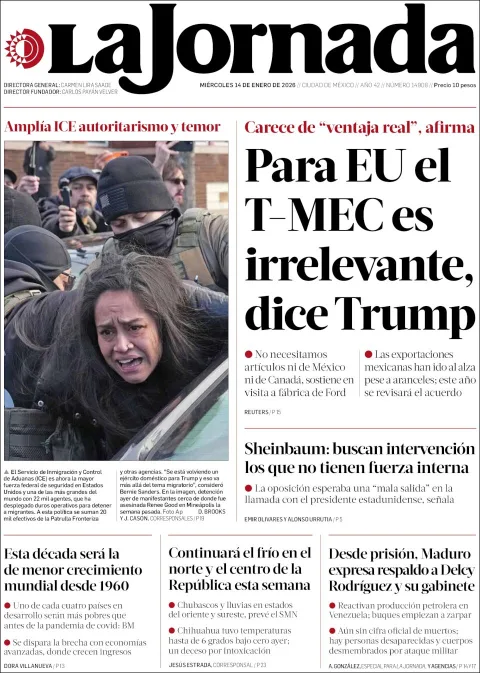Portada de La Jornada del miércoles, 14 de enero de 2026