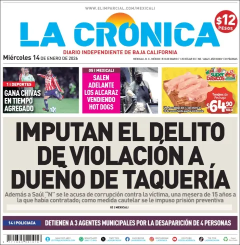 Portada de La Cronica del miércoles, 14 de enero de 2026