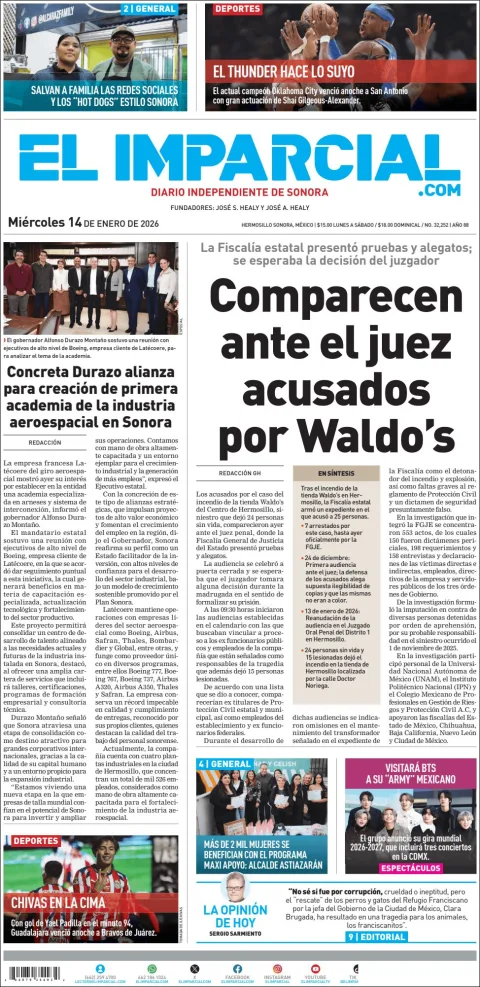 Portada de El Imparcial del miércoles, 14 de enero de 2026