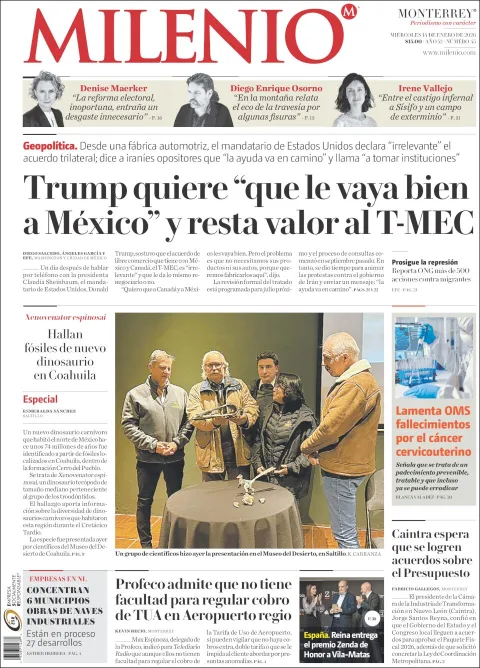 Portada de Milenio del miércoles, 14 de enero de 2026