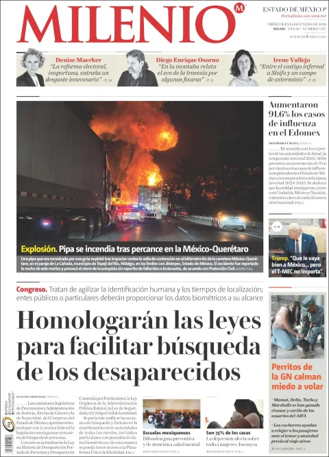 Portada de Milenio Edo de Mexico del miércoles, 14 de enero de 2026