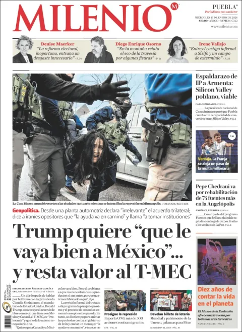 Portada de Milenio Puebla del miércoles, 14 de enero de 2026