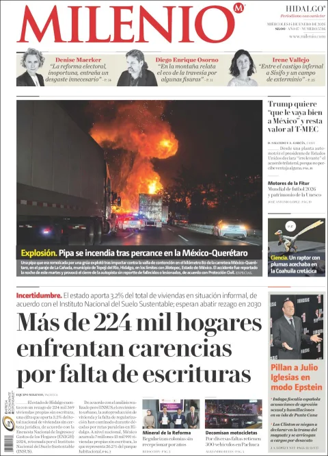 Portada de Milenio Hidalgo del miércoles, 14 de enero de 2026