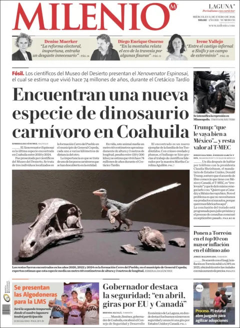 Portada de Milenio Laguna del miércoles, 14 de enero de 2026