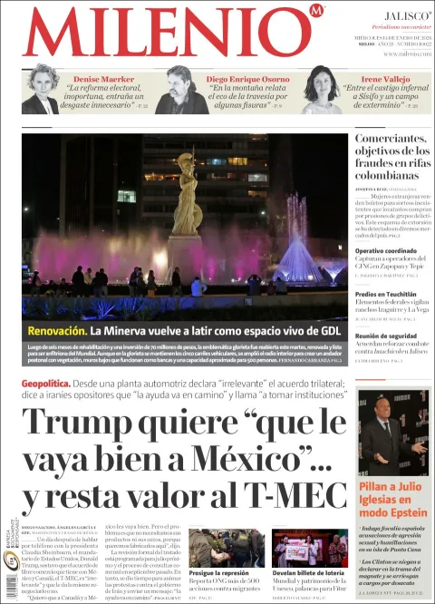 Portada de Milenio Jalisco del miércoles, 14 de enero de 2026