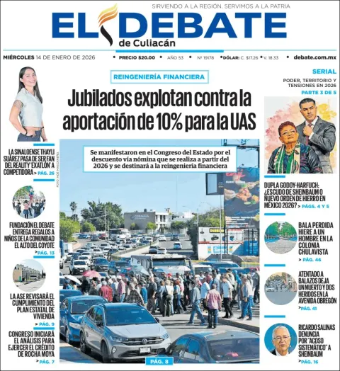 Portada de El Debate de Culiacan del miércoles, 14 de enero de 2026