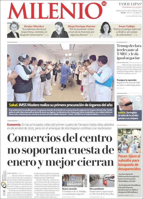 Portada de Milenio Tamaulipas del miércoles, 14 de enero de 2026