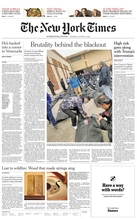 Portada de The New York Times (international) del jueves, 15 de enero de 2026