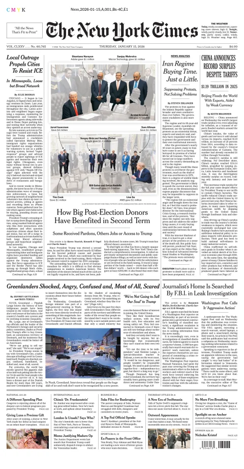 Portada de The New York Times (new York) del jueves, 15 de enero de 2026