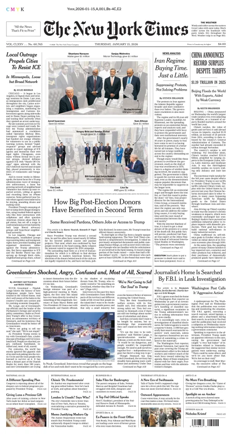 Portada de The New York Times (national) del jueves, 15 de enero de 2026