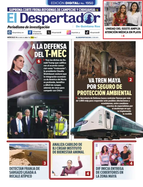 Portada de El Despertador de Quintana Roo del miércoles, 14 de enero de 2026