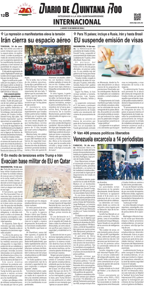 Portada de Diario de Quintana Roo (contra Portada) del jueves, 15 de enero de 2026