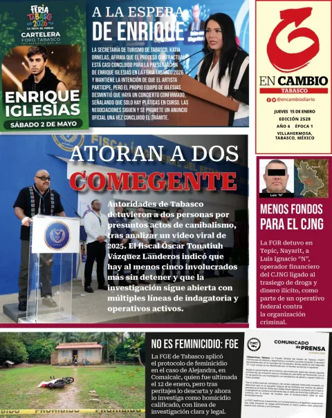 Portada de En Cambio - Tabasco (contraportada) del jueves, 15 de enero de 2026