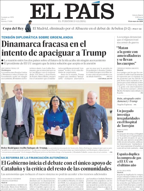 Portada de El Pais del jueves, 15 de enero de 2026
