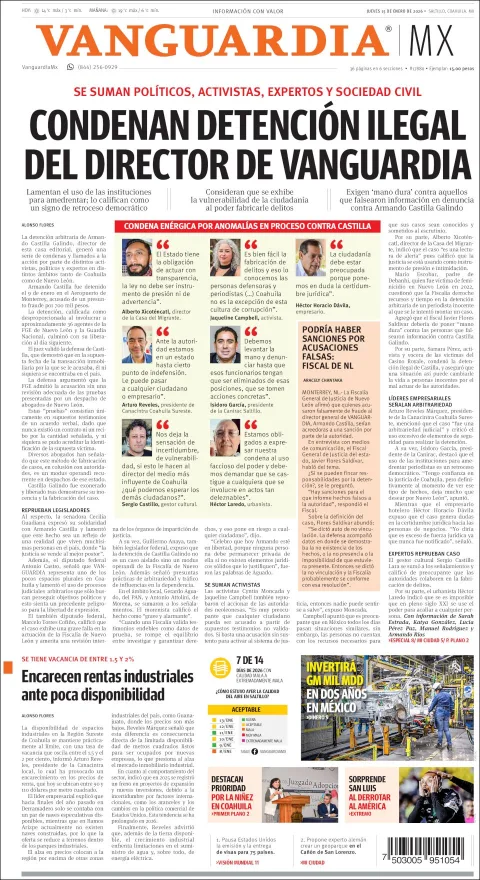 Portada de Vanguardia del jueves, 15 de enero de 2026