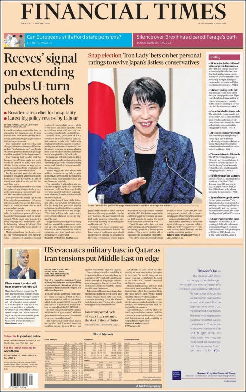 Portada de Financial Times del jueves, 15 de enero de 2026