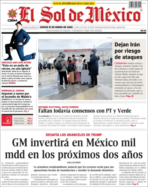Portada de El Sol de Mexico del jueves, 15 de enero de 2026