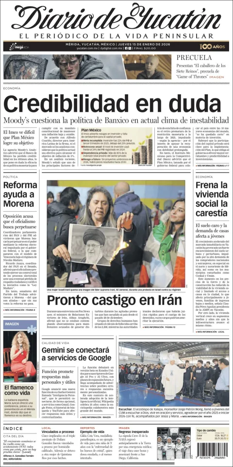 Portada de Diario de Yucatán del jueves, 15 de enero de 2026