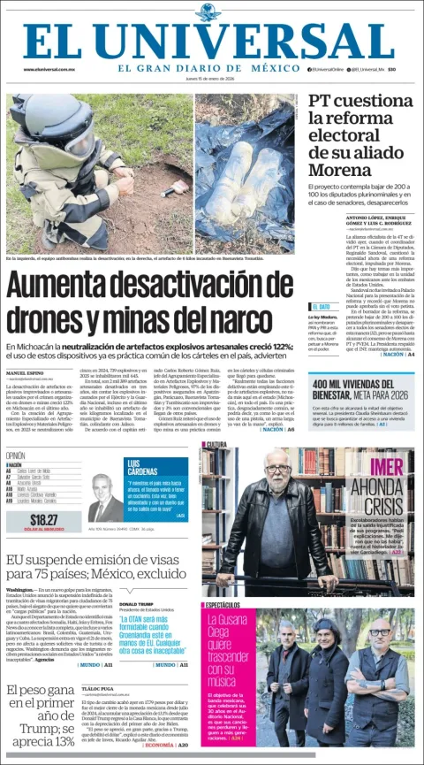Portada de El Universal del jueves, 15 de enero de 2026