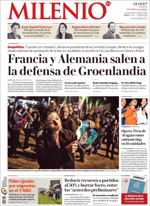 Portada de Milenio del jueves, 15 de enero de 2026