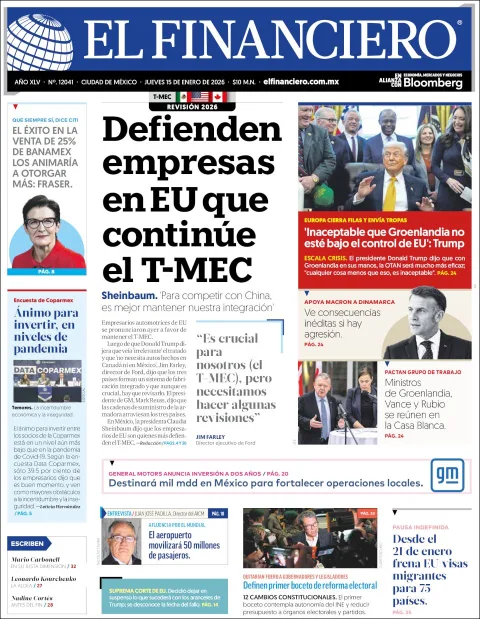 Portada de El Financiero del jueves, 15 de enero de 2026