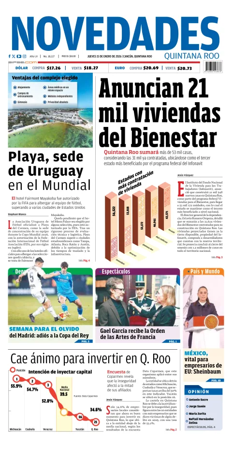 Portada de Novedades Quintana Roo del jueves, 15 de enero de 2026