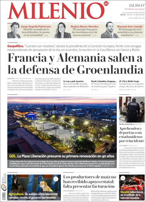 Portada de Milenio Jalisco del jueves, 15 de enero de 2026