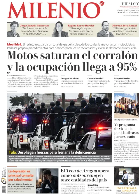 Portada de Milenio Hidalgo del jueves, 15 de enero de 2026