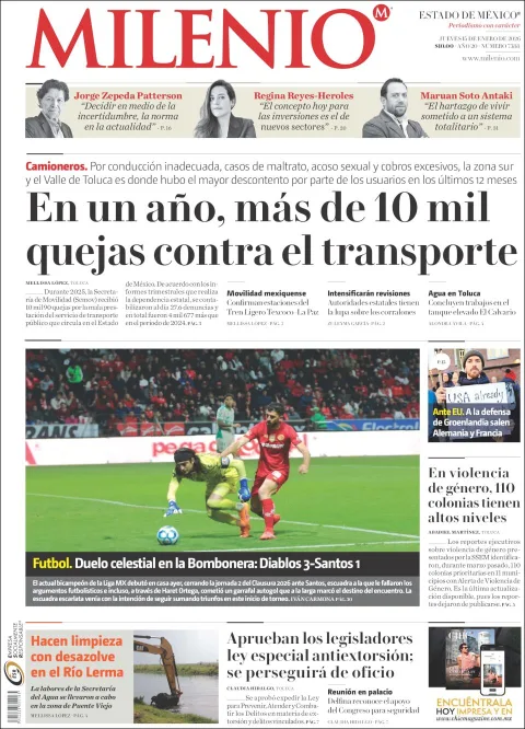 Portada de Milenio Edo de Mexico del jueves, 15 de enero de 2026