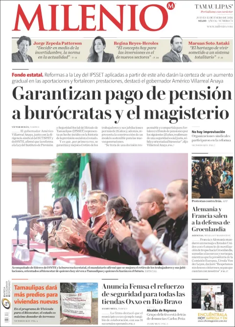Portada de Milenio Tamaulipas del jueves, 15 de enero de 2026
