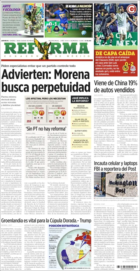 Portada de Reforma del jueves, 15 de enero de 2026