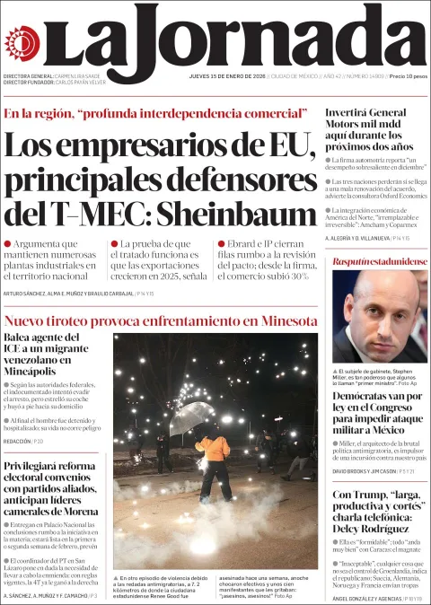 Portada de La Jornada del jueves, 15 de enero de 2026