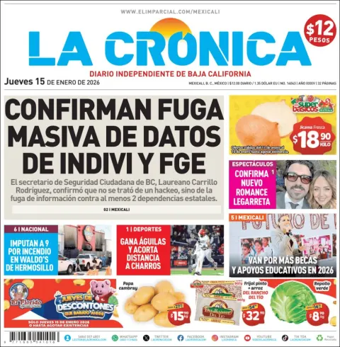 Portada de La Cronica del jueves, 15 de enero de 2026