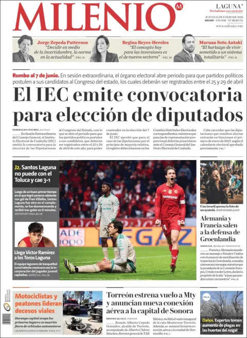 Portada de Milenio Laguna del jueves, 15 de enero de 2026