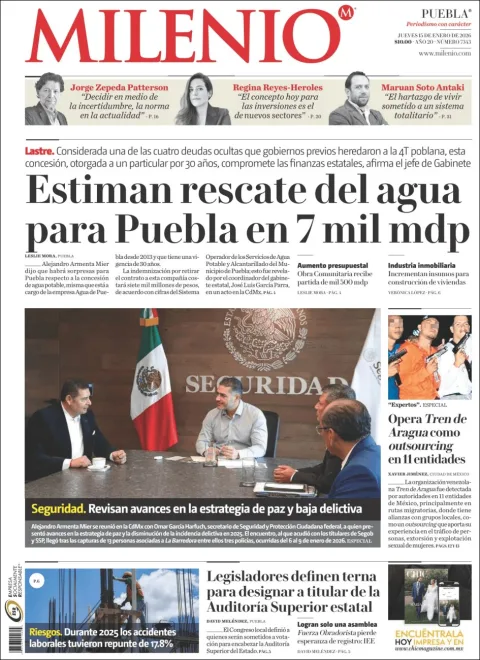 Portada de Milenio Puebla del jueves, 15 de enero de 2026