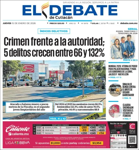Portada de El Debate de Culiacan del jueves, 15 de enero de 2026