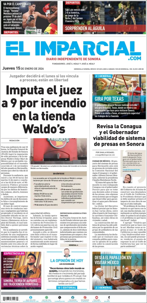 Portada de El Imparcial del jueves, 15 de enero de 2026