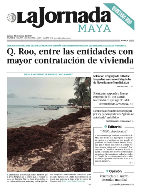 Portada de La Jornada Maya Quintana Roo del jueves, 15 de enero de 2026