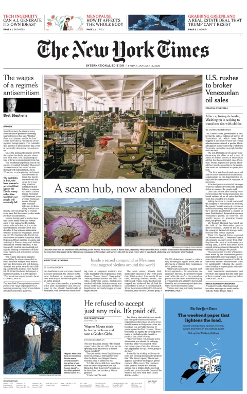 Portada de The New York Times (international) del viernes, 16 de enero de 2026