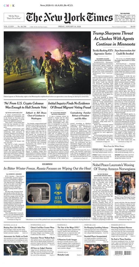 Portada de The New York Times (new York) del viernes, 16 de enero de 2026