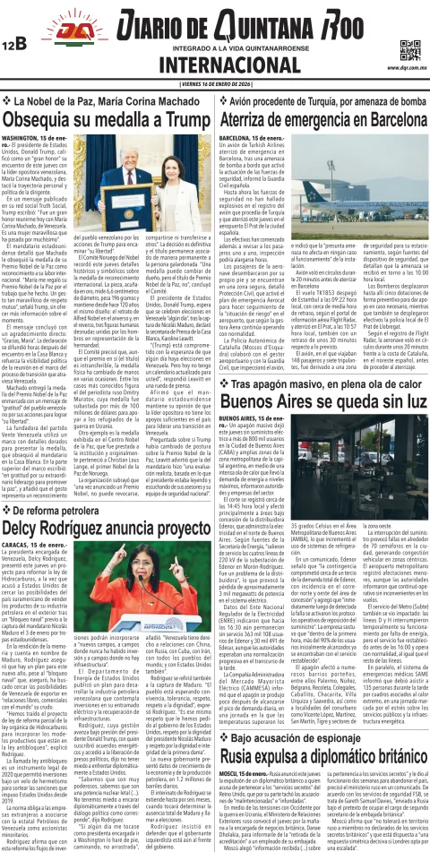 Portada de Diario de Quintana Roo (contra Portada) del viernes, 16 de enero de 2026