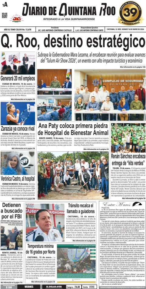 Portada de Diario de Quintana Roo (portada) del viernes, 16 de enero de 2026
