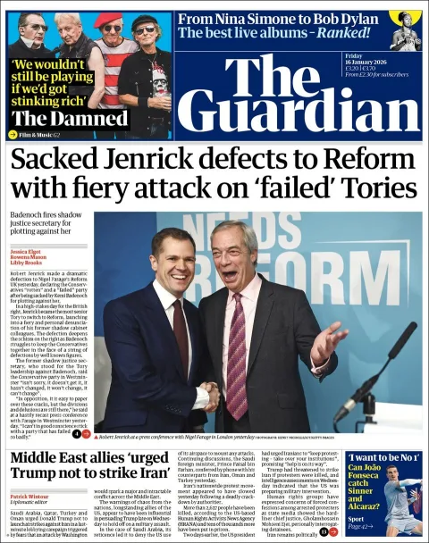 Portada de The Guardian (reino Unido) del viernes, 16 de enero de 2026